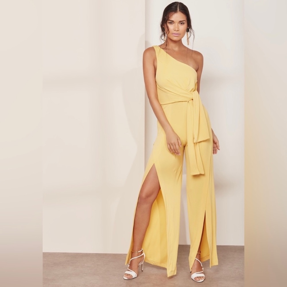 CMEO Collective. Yellow One Shoulder Jumpsuit with Tie. Size Small.